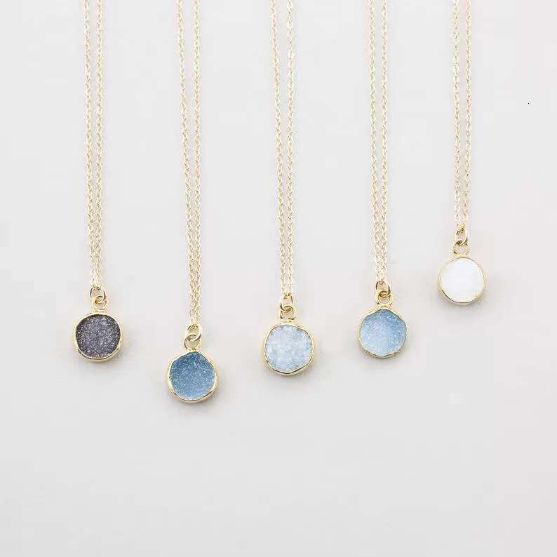 Natural white, black, blue, pink Druzy circular framed pendant necklace - Stone accessory manufacturer factory