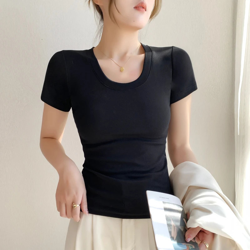Tshirt Womens Short Sleeve Summer Show Collar Slim Threaded Round Neck Body Shirt White Tops 250513