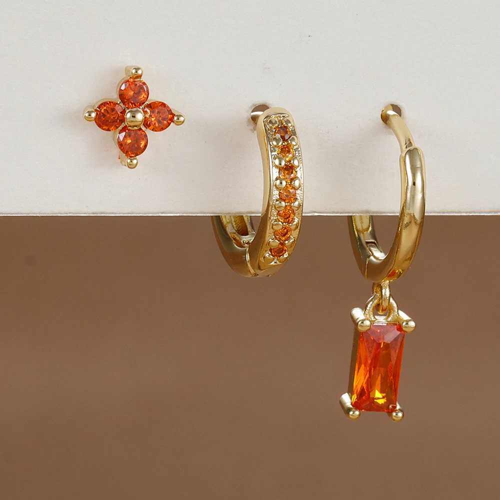 3PCS Fashion Orange Blue Zircon Hanging Earrings Set for Women Stainless Steel Flower Dangle Earring Piercing Jewelry Y250510