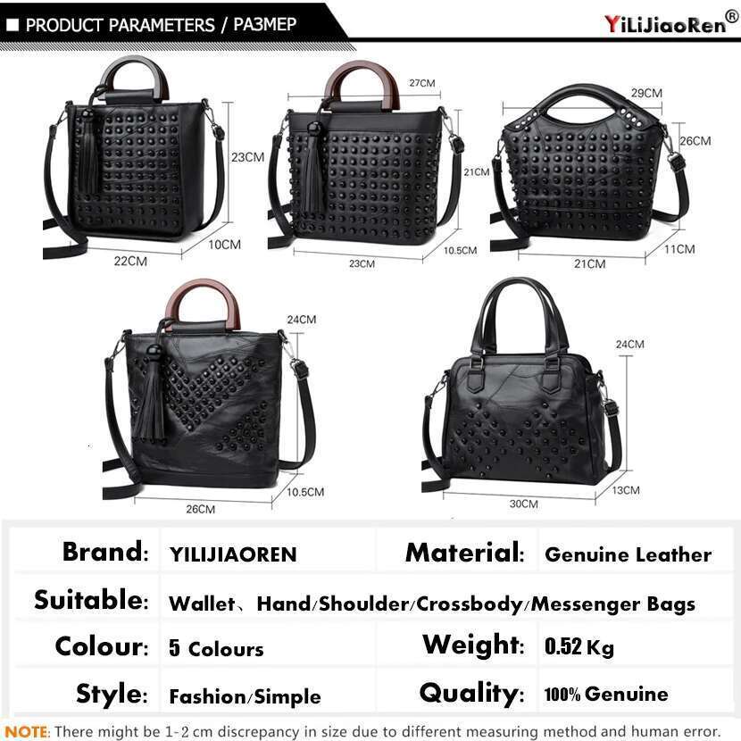 Fashion Sheepskin Leather Handbag Rivet Ladies Hand Tote Bag Famous Brand Messenger Crossbody Bags For Women