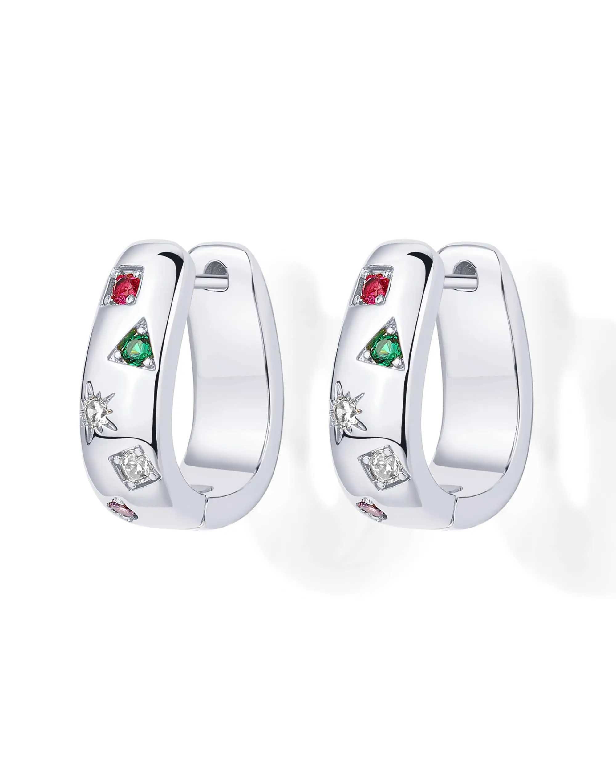 Shevalu 14K Gold Plated 925 Sterling Silver Posts Chunky Huggie Earrings for Women Fashion Multi-Colored Cubic Zirconia Earrings Y250510