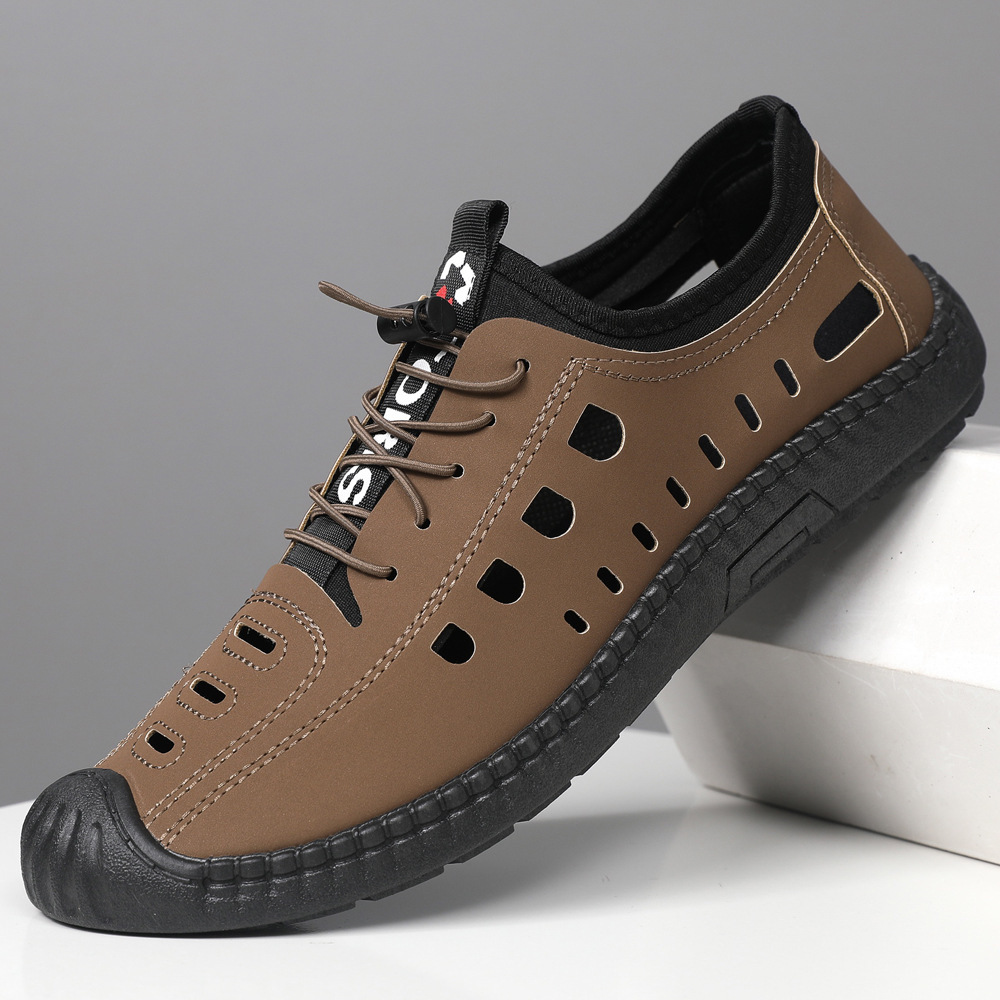 Men S Sandals Perforated Shoes Leather Summer Surface Soft Sole Anti Slip Casual Shoes Outer Wear Breathable Hollow Out Casual Leather Shoes With Toe 