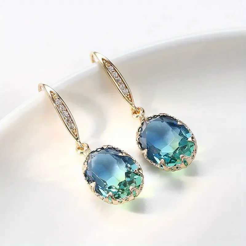 Exquisite Oval Inlaid with Blue Green Zircon Earrings Elegant Fashion Gold Color Engagement Wedding Dangle Earrings for Women Y250510