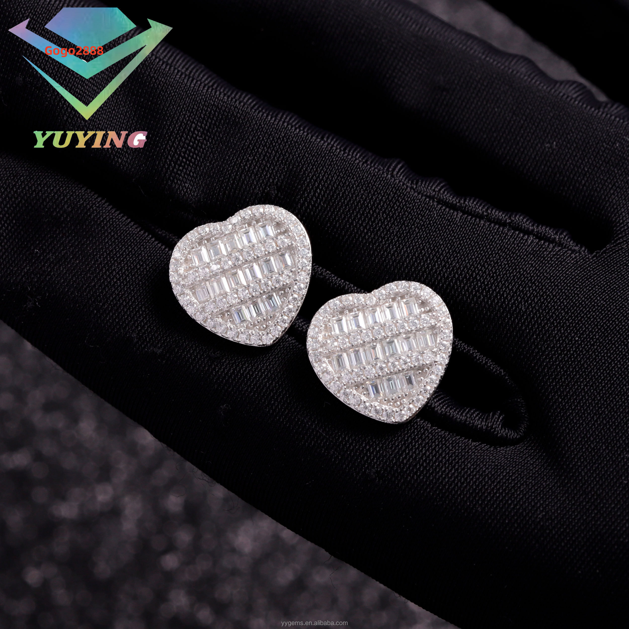 Popular Design Gold Plated 925 Sterling Silver Iced Out Baguette Moissanite Diamond Heart Shape Earring Studs for Hip Hop Life