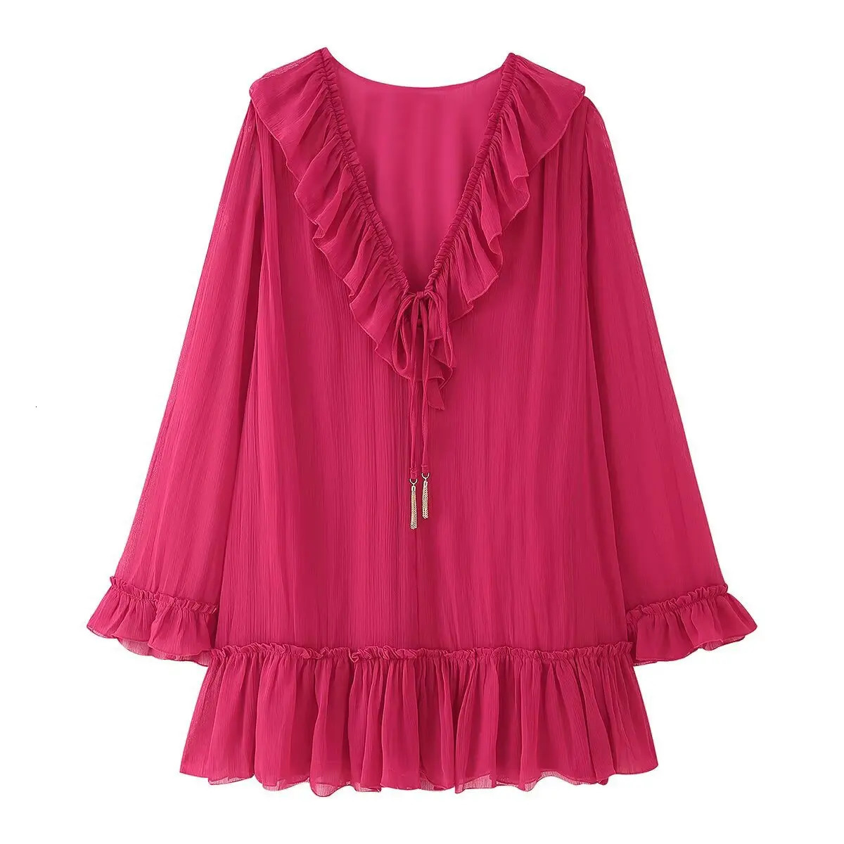 ZBZA Women Laceup Mini Dress Tassel Loose Ruffled Collar Midwaist Solid Color Pleated Spring Summer Female Chic Top 250513