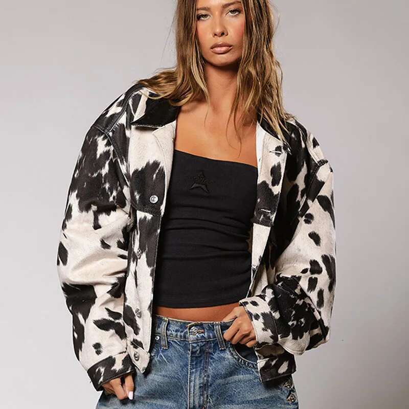 Women Overcoat 2025 New Fashion Denim Spring Autumn Temperament Printed Lapel Long Sleeve Women's Coat The Top H307