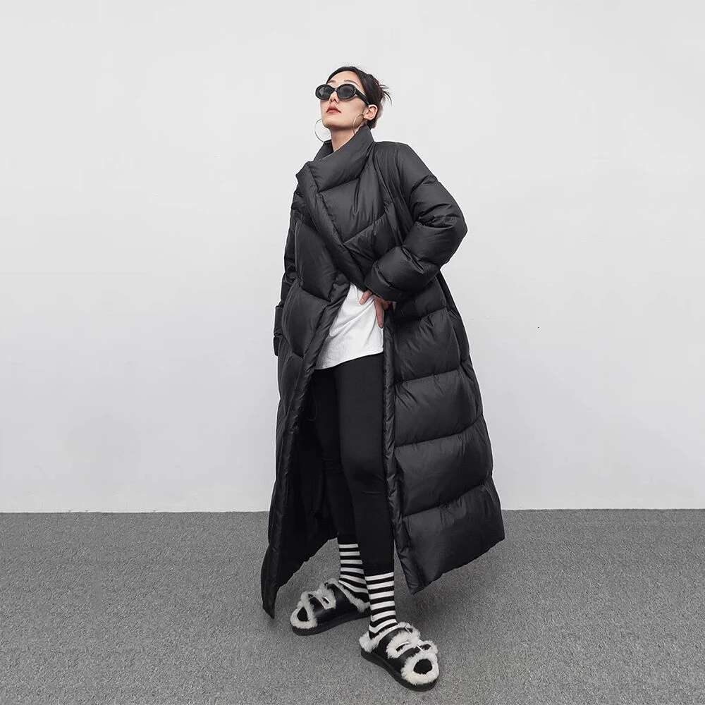 Winter Large Lapel Long Overcoat Women 90 White Duck Loose Knee Length Bread Cotton Quilt Jacket Warm Down Coat