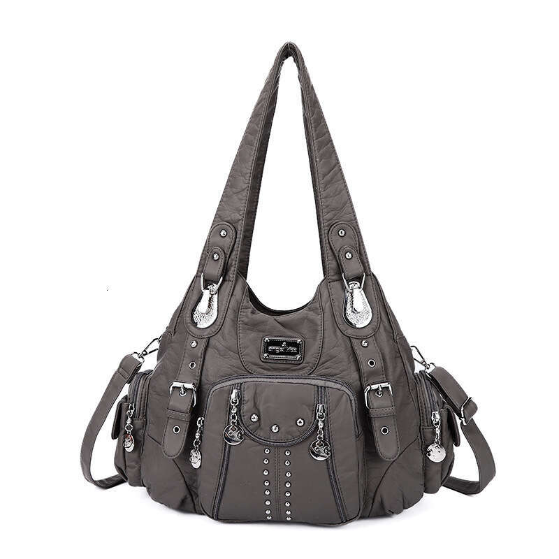 casual versatile fashion womens bag multipocket rivet decoration shoulder bag highend soft leather large capacity handbag