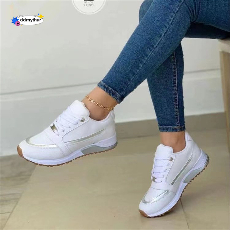 Single shoe 2024 autumn new item, spring and summer thick soled low top lace up flat bottom casual sports shoes, plus size women's shoes ddmythur