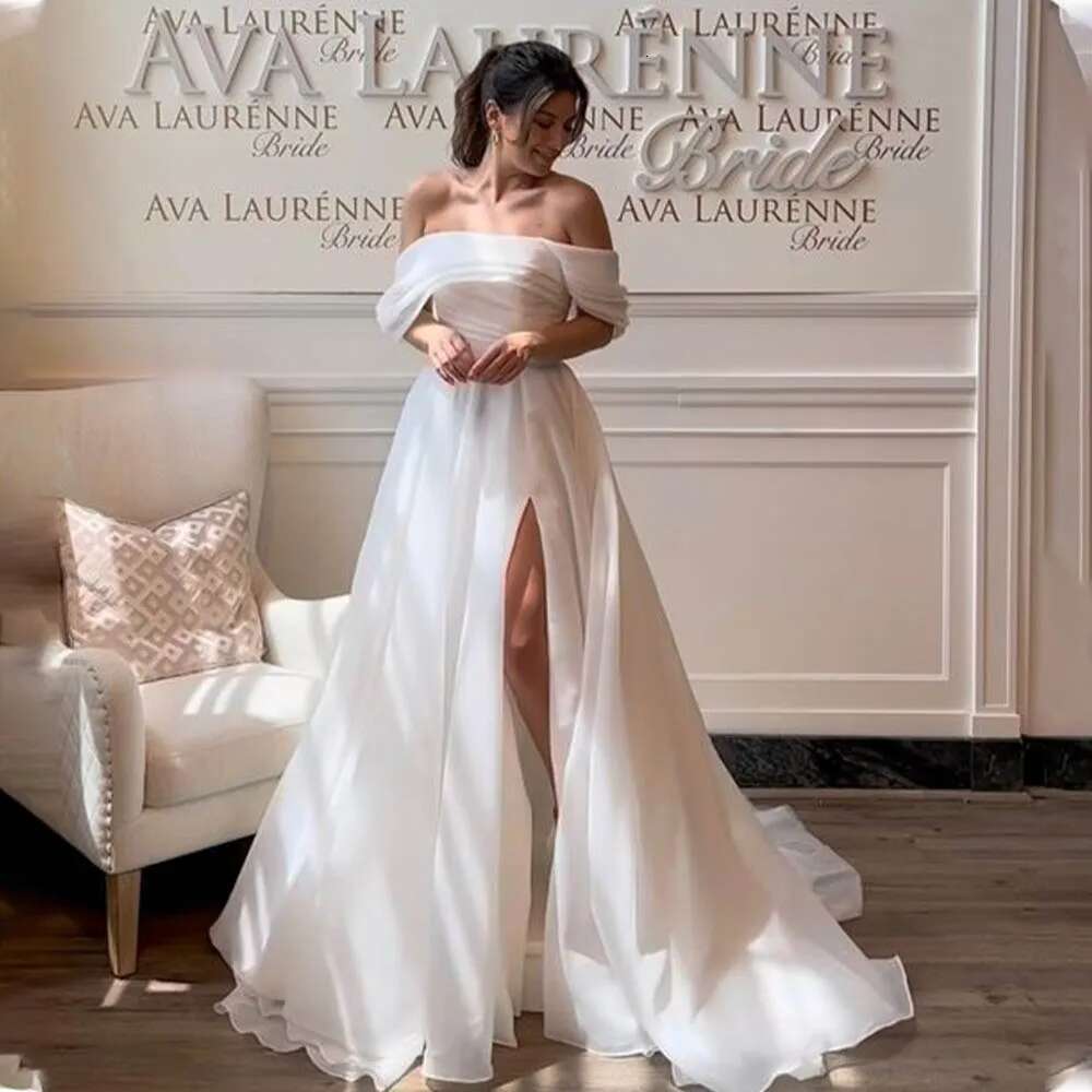 Elegant Off The Shoulder Organza Bridal Grown A Line Wedding Dresses Side Slit Custom Made Vestido De Noival