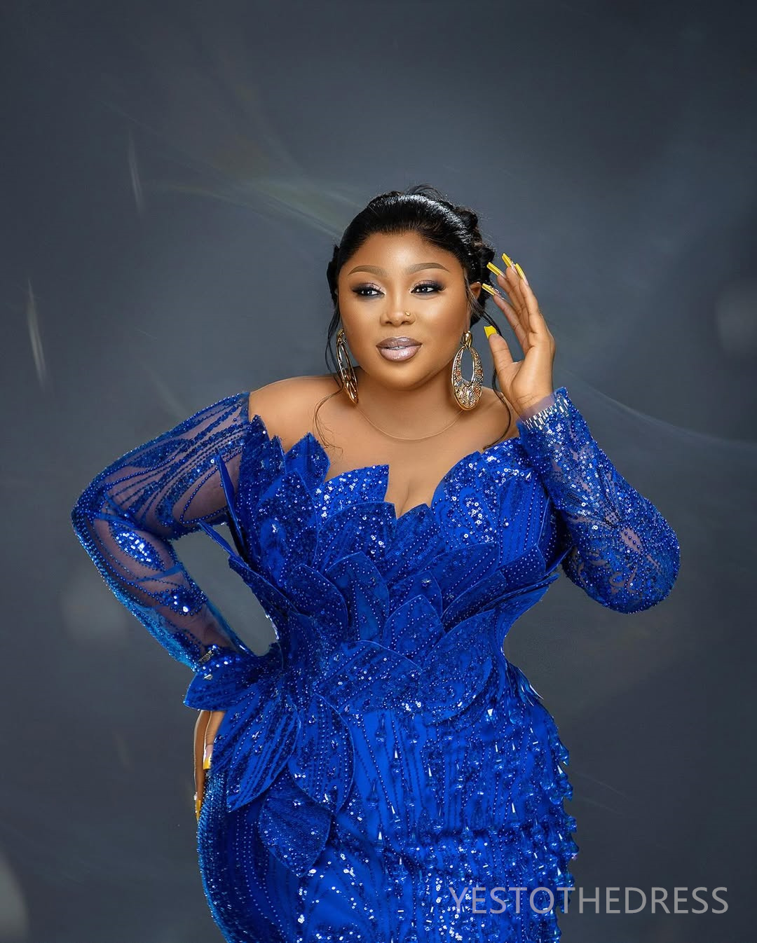 2025 Plus Size Royal Blue Prom Dress Mermaid Prom Dresses Evening Formal Gowns Sheer Neck Long Sleeves Beaded Lace Flora Birthday Dress Second Recepti