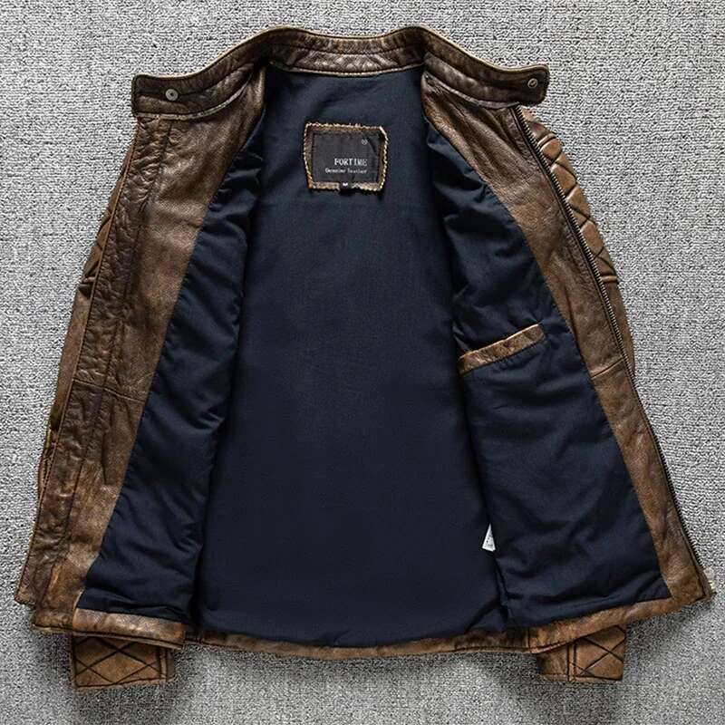 Vintage Leather Yellow Brown Thick 100% Genuine Cowhide Biker Jacket Slim Fit Men Motorcycle Coat Spring ASIAN SIZE