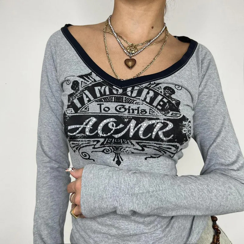 Spring Grey Womens Tshirt VNeck Long Sleeves Letter Print Crop Top Casual Fashion T Shirt Female Streetwear Sexy Cropped Tops 250513