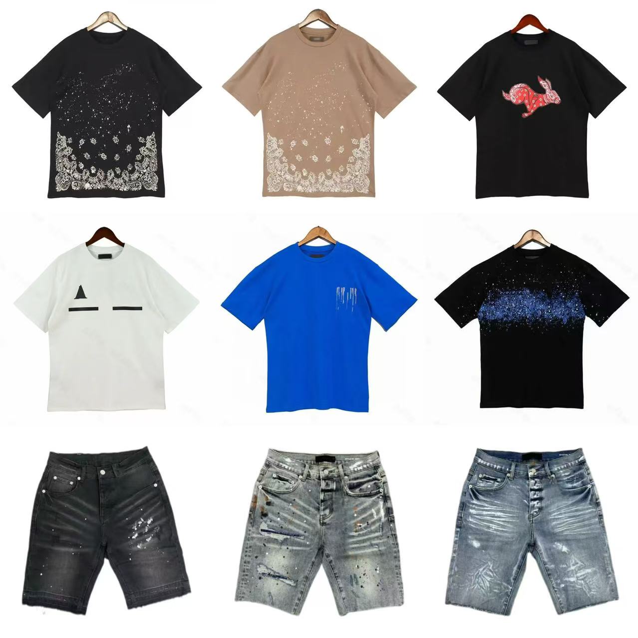 mens designer t shirt Mens jean shorts Casual loose crew neck t shirt colorful Graffiti lettering couple outfit Personalized pattern Short Sleeve Tees men