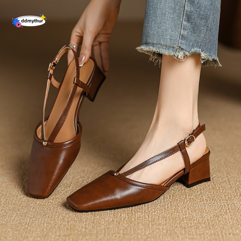 Baotou Thick Sandals Women's Summer New Style Backspace Roman with One Button Strap Middle Heel Large Shoes 41-43 ddmythur