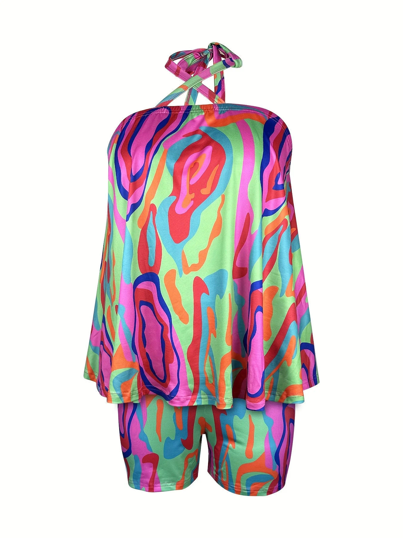 Trendy Plus Size Two Piece Set Vibrant Color Lock n Tie Hanger Top and Comfortable Summer Casual Shorts Combination 250506