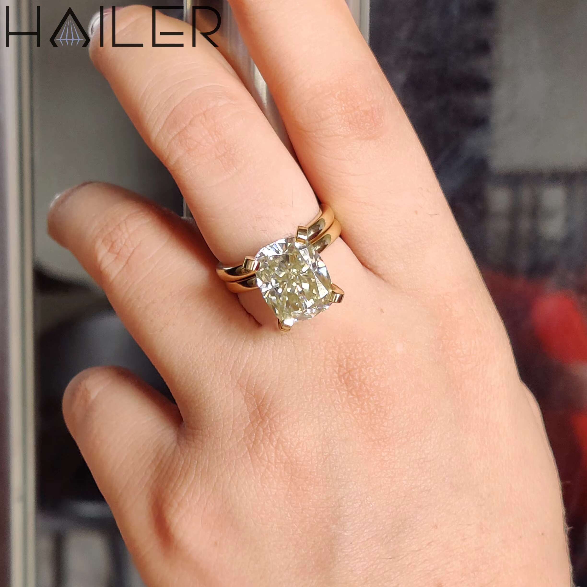 Elongated Cushion Solitaire Diamond Ring Yellow Moissanite Ring Moissanite Engagement Ring for Women