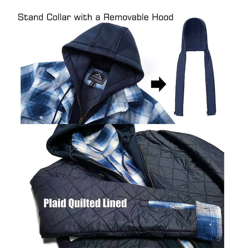 MAGCOMSEN Men's Flannel with Removable Hood 5 Pockets Plaid Quilted Lined Winter Coats Thick Hoodie Outwear Fleece Jacket