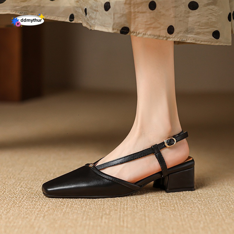 Baotou Thick Sandals Women's Summer New Style Backspace Roman with One Button Strap Middle Heel Large Shoes 41-43 ddmythur