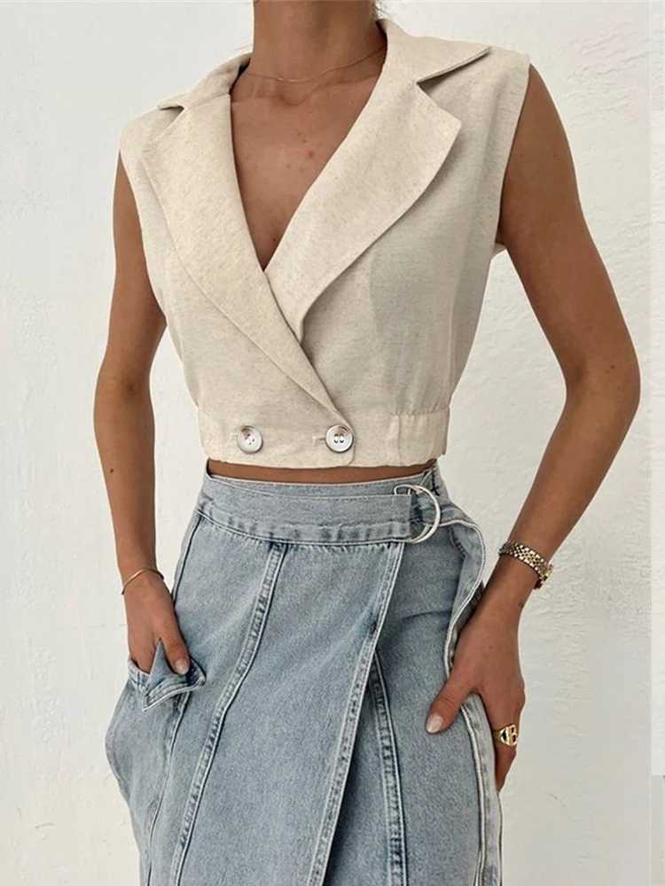 Summer Women Solid Khaki Linen Tank Tops Sleeveless V-neck Vest Crop Tops For Women Female M250513