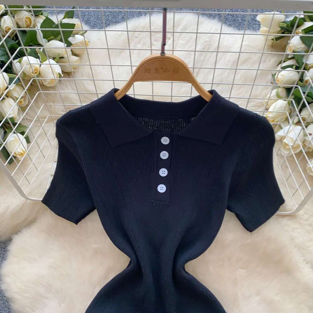 REALEFT Vintage Summer Polo Collar Women's Knitted 2025 New Short Sleeve Buttons Casual Sheath Wrap Knitwear Dress Female