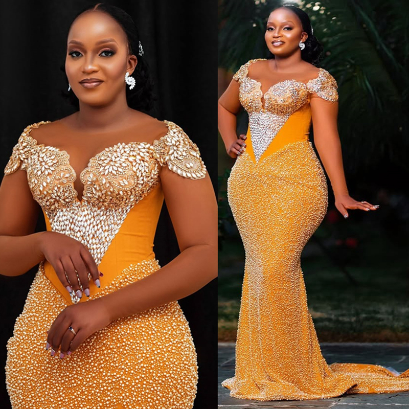 2025 Plus Size Aso Ebi Prom Dress Mermaid Prom Dresses Evening Formal Gowns Sheer Neck Long Sleeves Pearls Bead Lace Birthday Dress Second Reception G