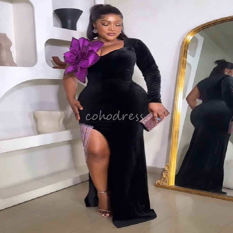 Delicate Aso Ebie Black Prom Dress With Slit Beaded Mermaid Plus Size African Evening Gown With Flower Birthday Party Bespoke Occasion Vestio De Noche