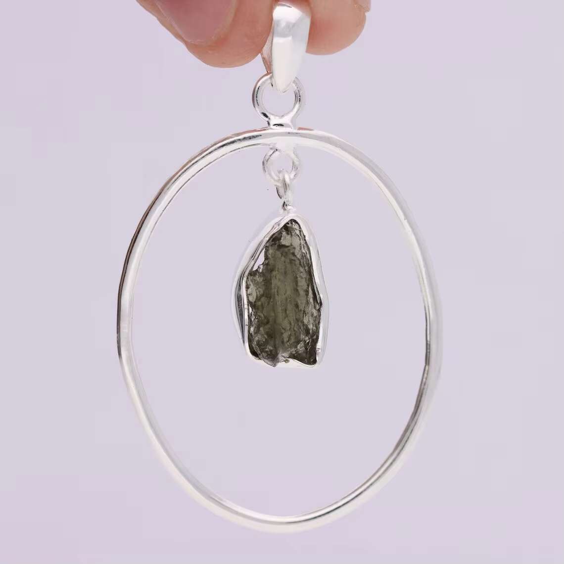 Advanced Series Natural Born Free Form Moldavit Sier Plated Collar Inlaid Pendant Chain Necklace