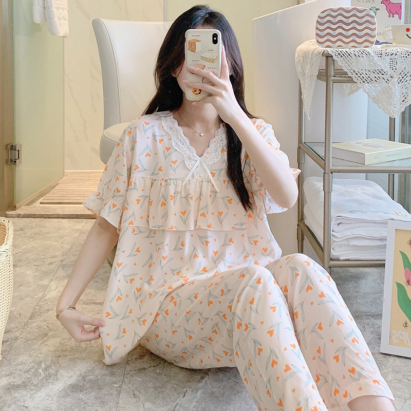 B874-Cotton silk pajamas women summer thin short-sleeved trousers loose artificial cotton suit large size outer wear home clothes