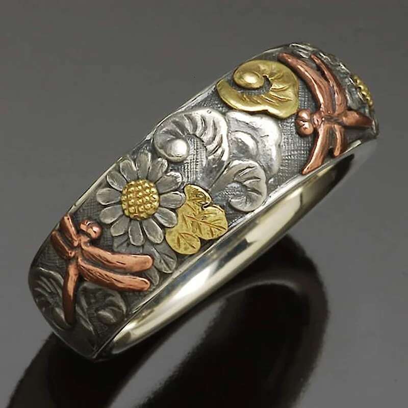 Vintage Sier And Rose Gold Color Carved Dragoy Suower Unique Metal Flower Rings Women Engagement Party Ring Jewelry