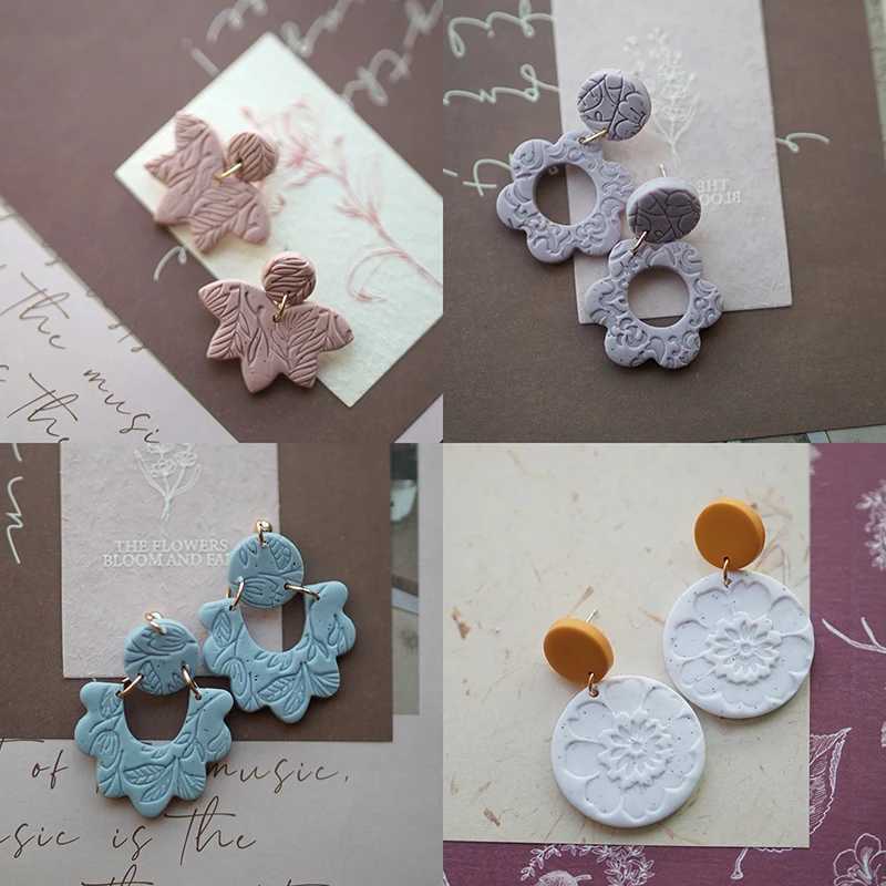 Multi Shapes Flower Feather Pale Colors Sandy Effect Stamping Leaf Patton Handmade Polymer Clay Vintage Earrings Jewelry Sets Y250510