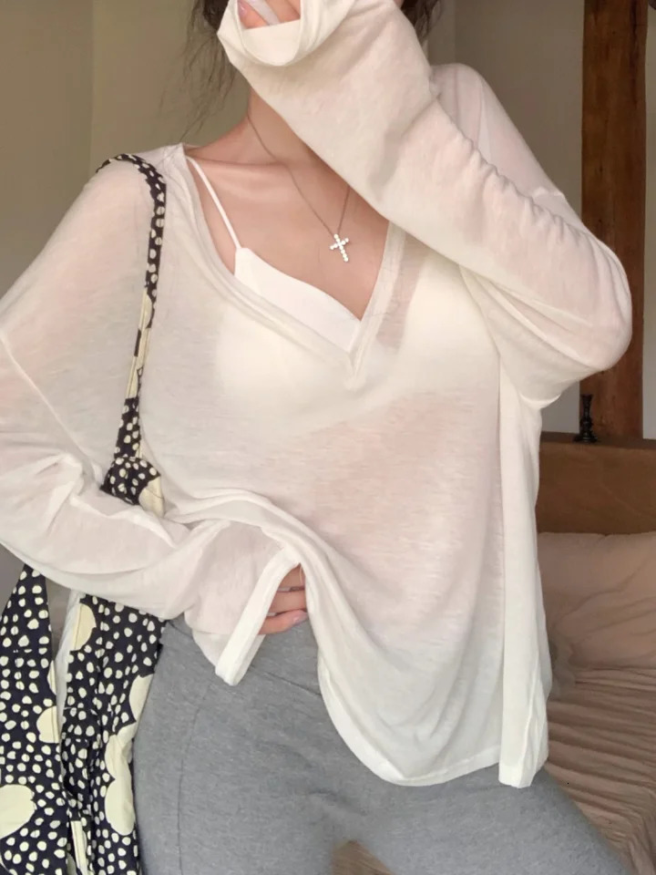 Women Oversized T Shirt Spring Summer Vneck Casual Fashion Loose Thin Long Sleeve Top Pullovers Chic White See Through Tshirt 250513