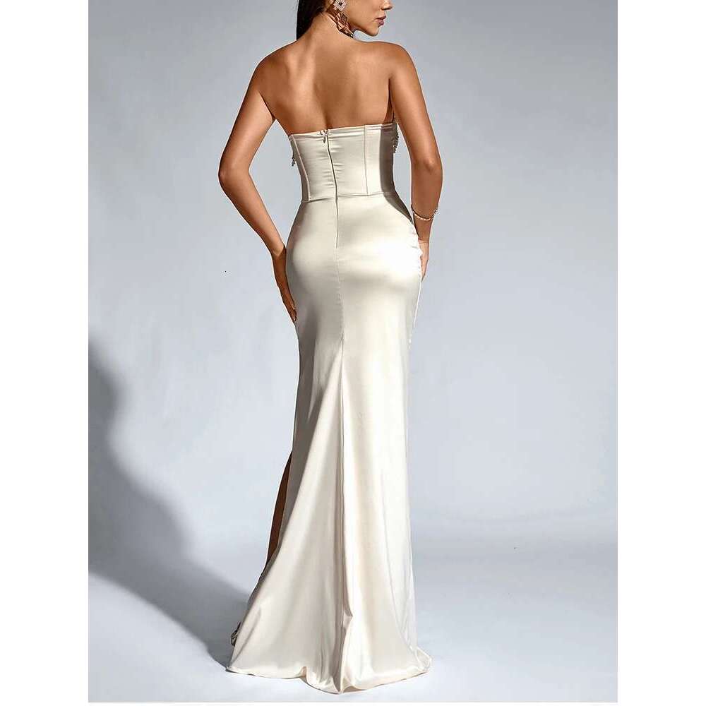 NewAsia Women's Strapless Beaded Long Corset Dress Off Shoulder Fishboned Side Slit Elegant Party Club Maxi Dresses Beige