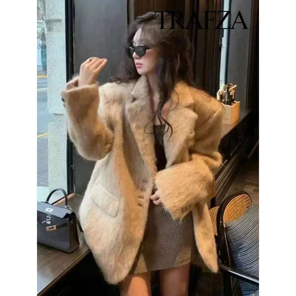TRAFZA Fashion Plush Blazer Elegant Solid Y2k Women Long Sleeve Single Breasted Suit Coat Spring Female Casual Jackets