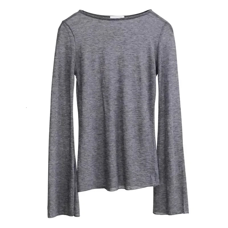 High Quality Plain Women Cotton T Shirt Elastic Basic Tshirts Female Casual Tops Long Sleeve Vent Sexy Thin Tshirt See Through 250513