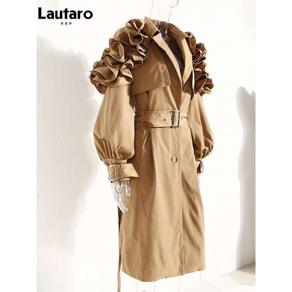 Lautaro Spring Autumn Long Black Khaki Trench Coat for Women Belt Elegant Chic Stylish Designer Clothes Runway Fashion