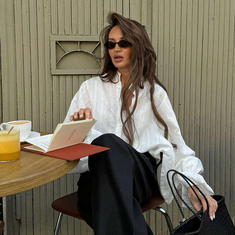 European American Summer Sweet And Fresh Loose Oversized Stand Up Collar Lantern Sleeves Long Sleeved Shirt Women's Top B5
