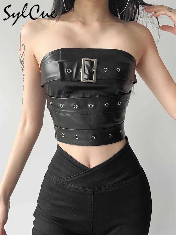 Sylcue Classic Retro Matte Black Mysterious Sexy All-Match Personality Fashionable Summer Travel Cool Women Belt Chest Wrap Vest M250513