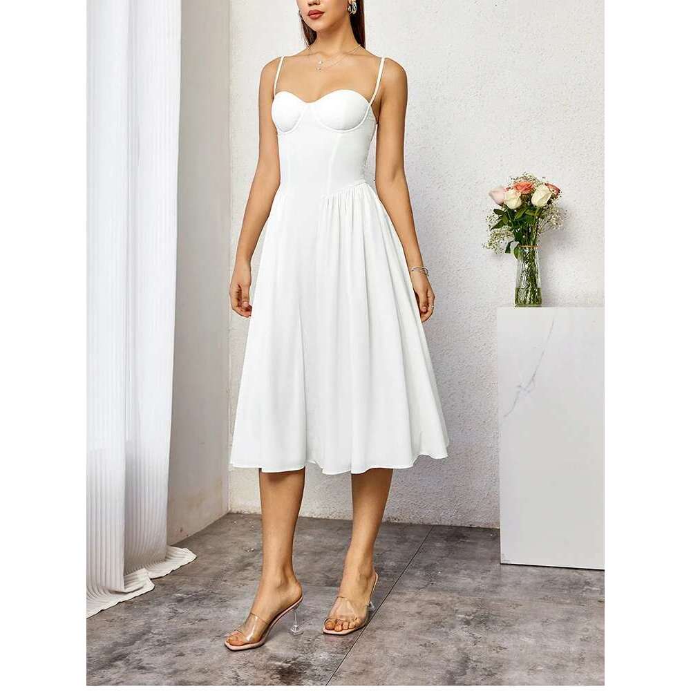 NewAsia Women's Adjustable Straps Backless Midi Corset Dress Flowy Fishbone A-Line Going Out Casual Long Dresses White