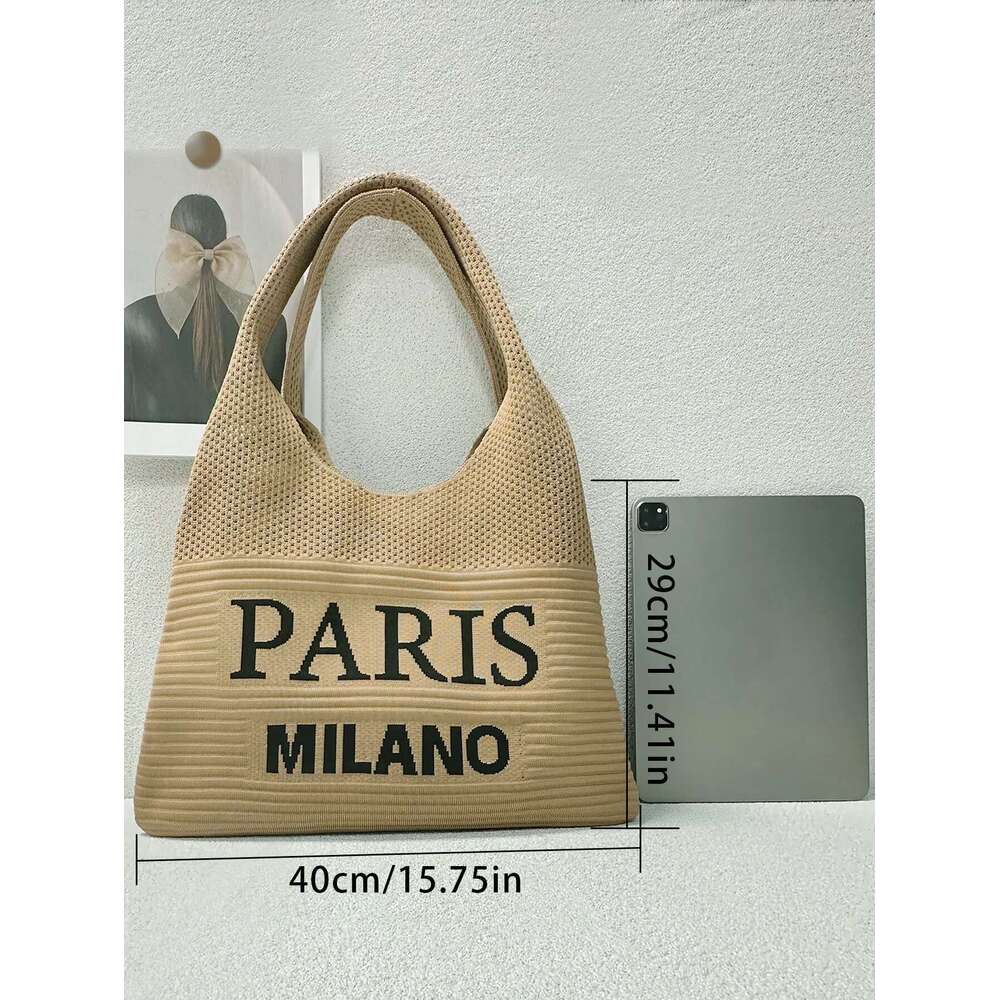Autumn And Winter Fashion Women's Bag Shoulder Vintage Letter Cut Knitted Tote Bag, Crochet Thread Fabric Shopping