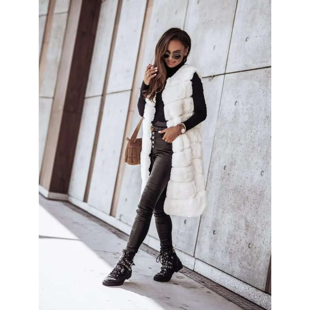 2025 Winter Women's Faux Coats X-Long Jackets Sleeveless O-Neck Vest Outerwear Female Fashion Lady Fur Cardigans Dresses Designer