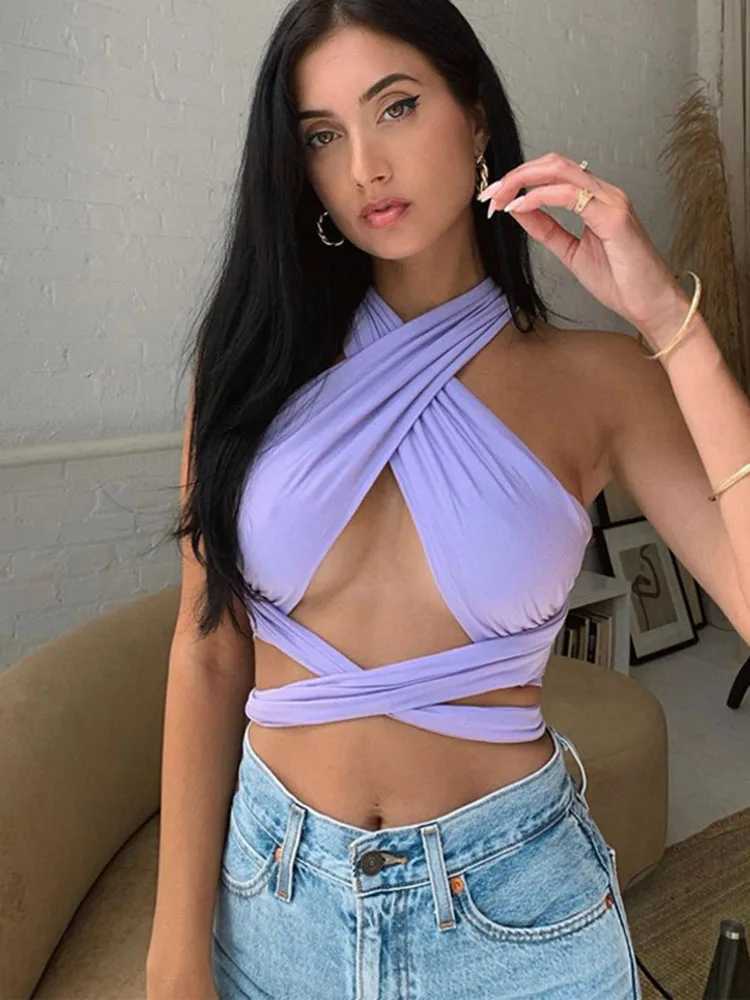 Women Strappy Cross Over Front Cut Out Halter Neck Sleeveless Backless Wrap Crop Top Bandage Vest Summer Sexy Tops Woman Clothes M250513