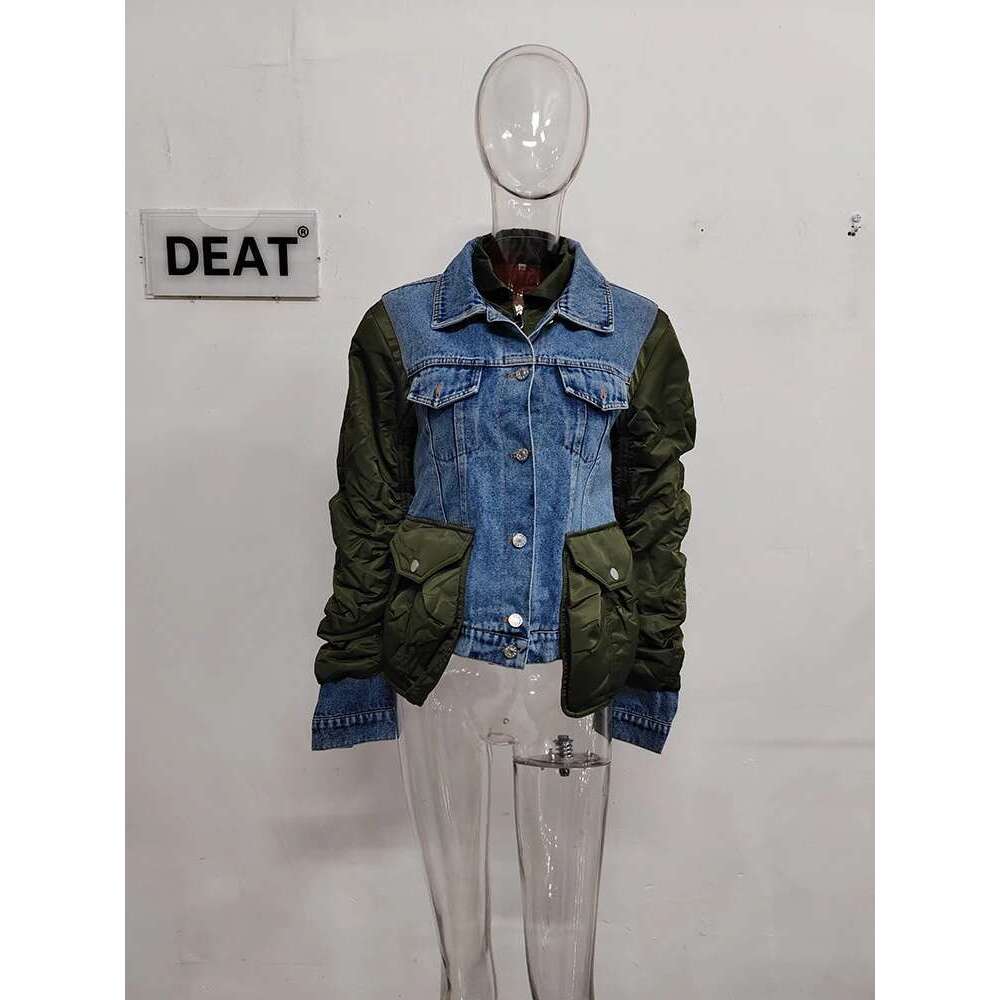 DEAT Fashion Women's Patchwork Denim Jackets Turn-down Collar Loose Zipper Long Sleeve Short Coat Autumn 2025 New Tide 7Z249