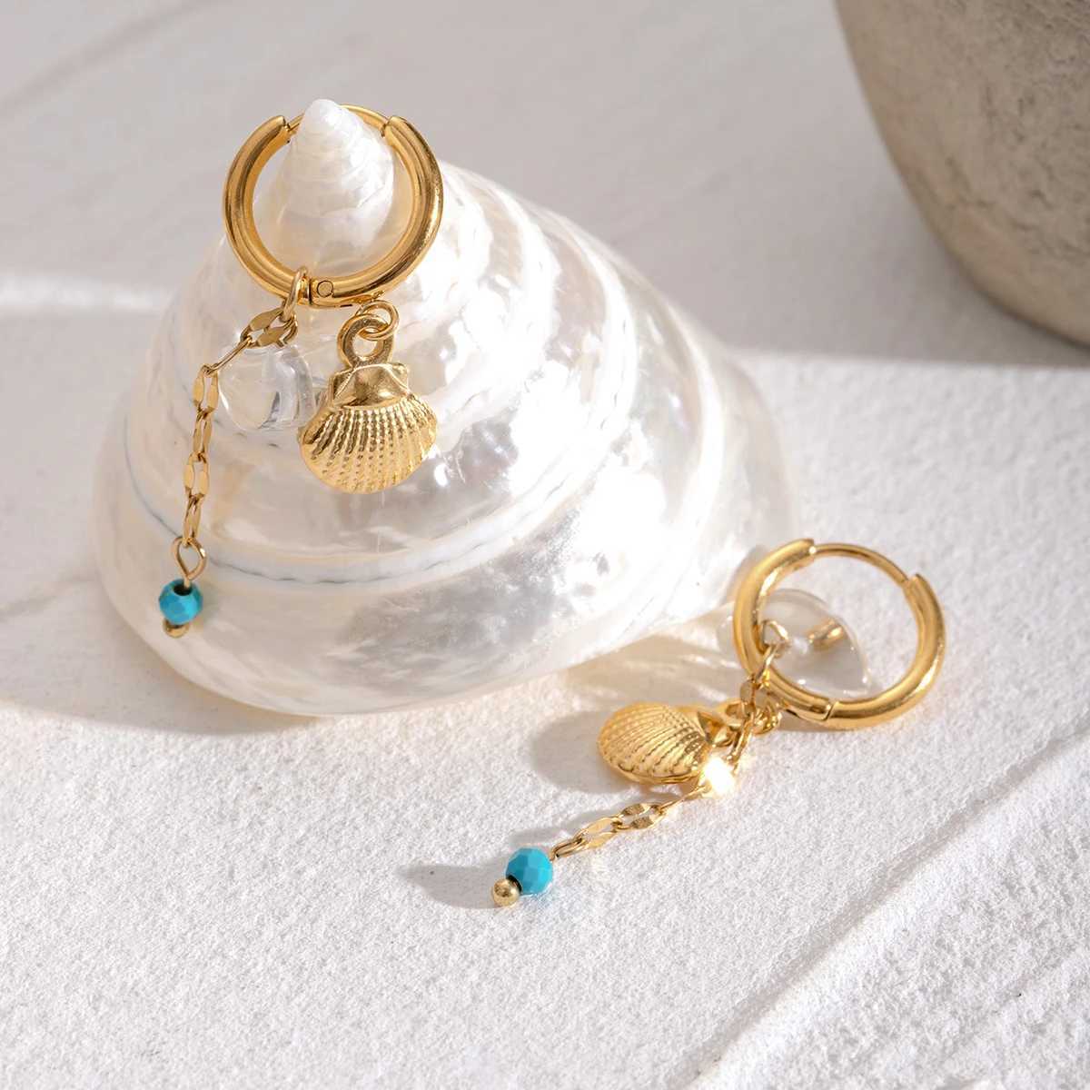 Natural Stone Shell Buckle Hoop Earrings Stainless Steel Metal 18K PVD Gold Plated Women Prevent Allergy Delicate Jewelry Y250510