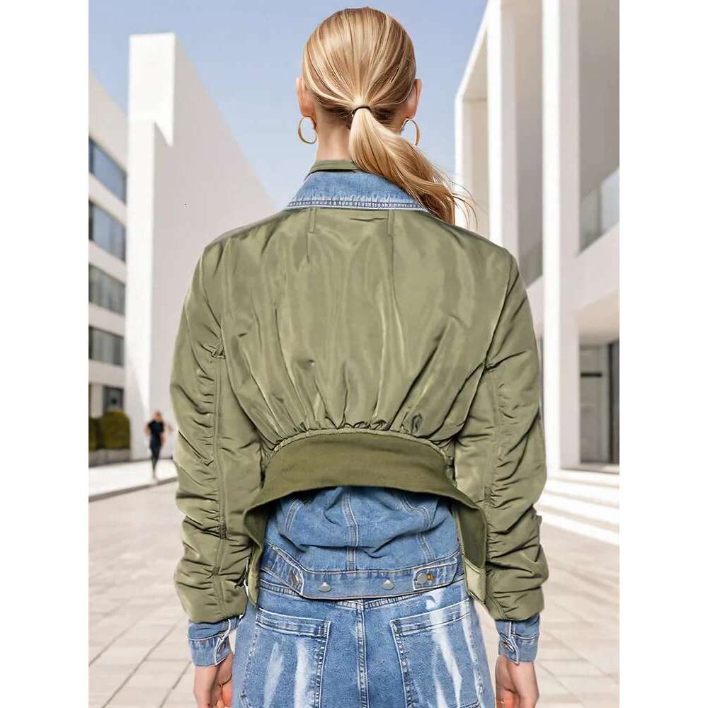 DEAT Fashion Women's Patchwork Denim Jackets Turn-down Collar Loose Zipper Long Sleeve Short Coat Autumn 2025 New Tide 7Z249