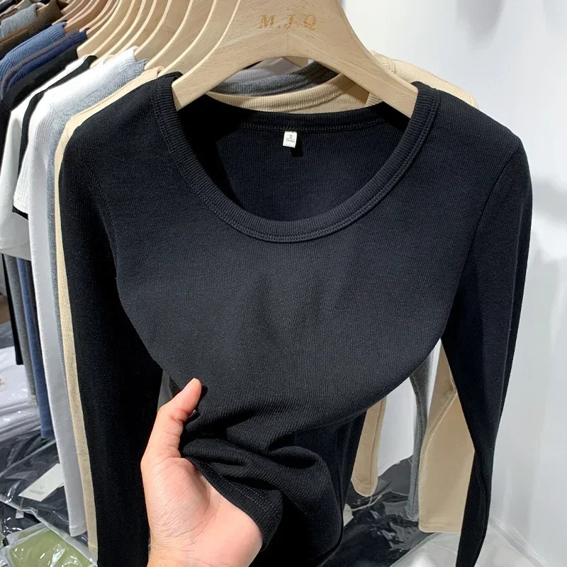 Spring Sexy Texture Pit Stripe Slim Knit Long Sleeve Womens Tshirt O Neck Tops Casual 250513