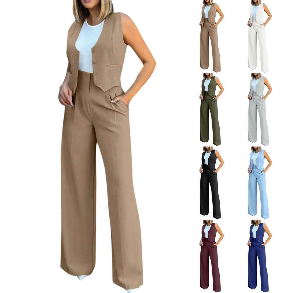 Women Sleeveless V-neck Vest High Waist Wide Leg Pant Suit Office Lady Casual Chic Vintage Elegant 2 Piece Sets Outfit