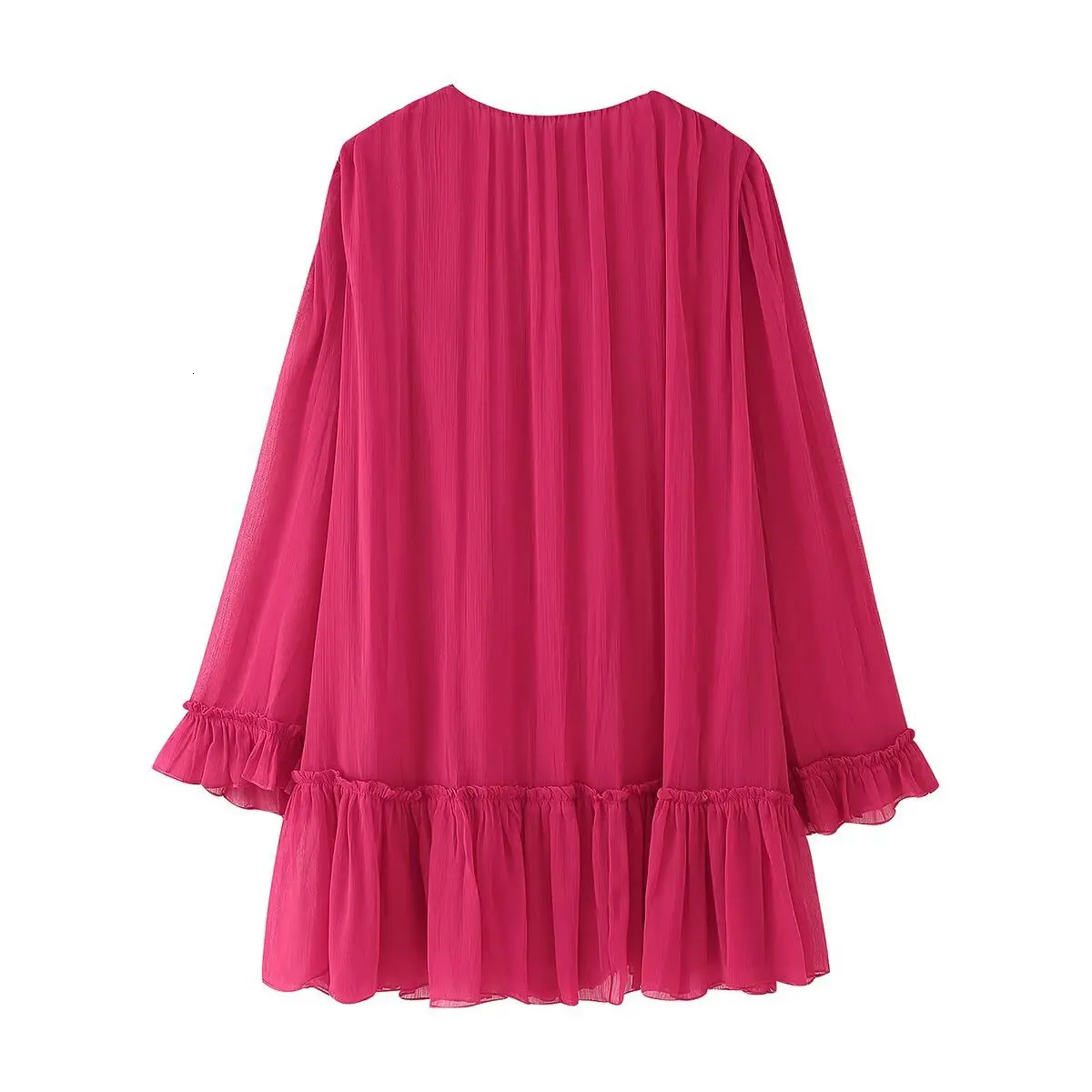 ZBZA Women Laceup Mini Dress Tassel Loose Ruffled Collar Midwaist Solid Color Pleated Spring Summer Female Chic Top 250513