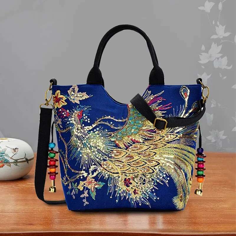 Ethnic Style Sequins Tote Bag, Pea Embroidery Handbags, Vintage Canvas Crossbody Bag