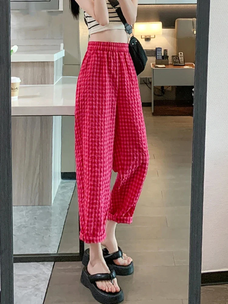Casual Hip-hop Street Harlan Pants Summer Cotton Linen Loose Cropped Pants Women Wide Leg Red Black White Checkered Long Pants